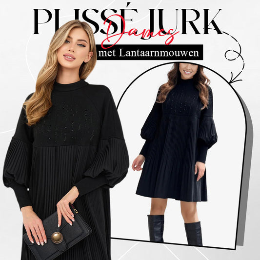 👗Dames Elegante Plissé Jurk met Lantaarnmouwen