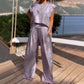 2-delige damesoutfits Glanzende losse pasvorm crop top en broek met wijde pijpen en zakken