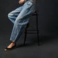 Dames Retro Mid-Rise Gebogen Jeans met Wijde Benen