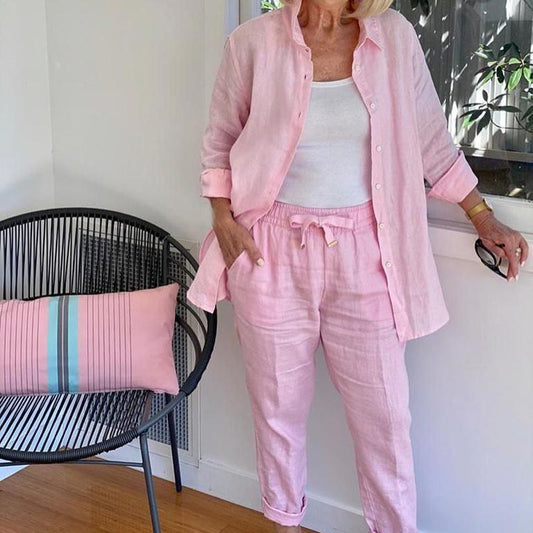 🔥✨ Damesset met blouse en broek van katoenlinnen met lange mouwen